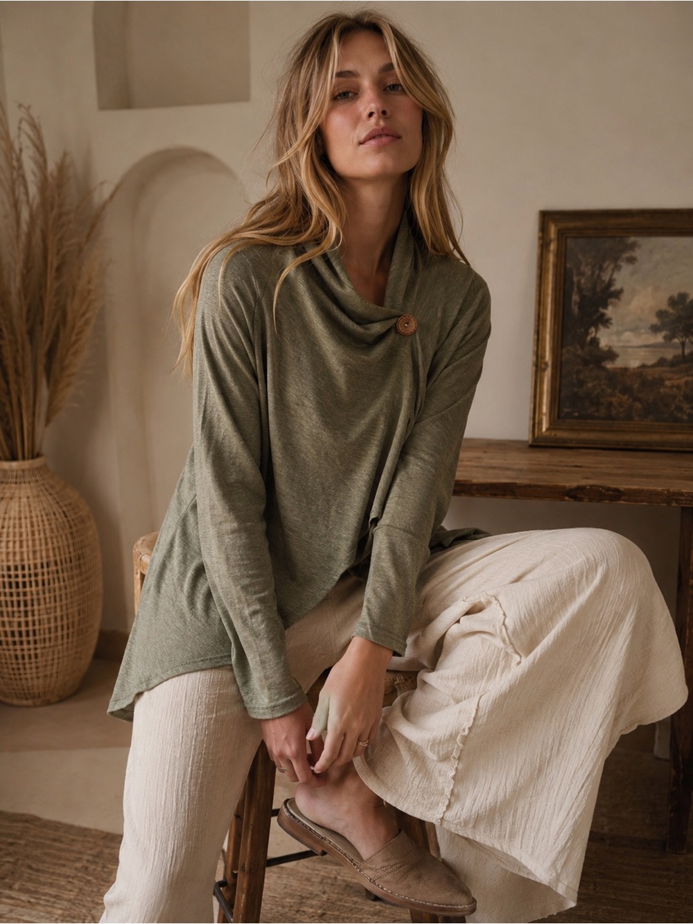 Bobeau Olive Green Asymmetrical Wrap Cardigan Top Small Cozy Boho Lagenlook